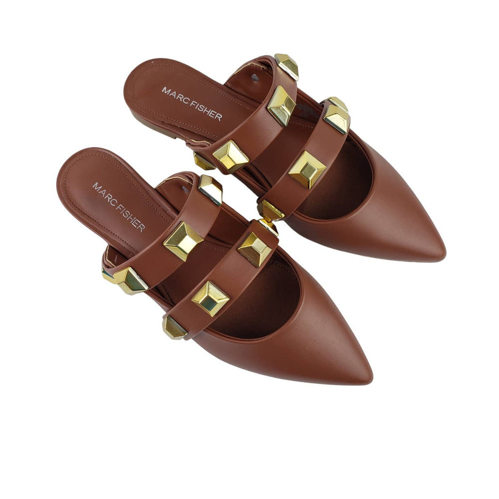 Marc Fisher Searli Womens 7.5 Brown Gold Studded Pointed Toe Slip-on Mules
